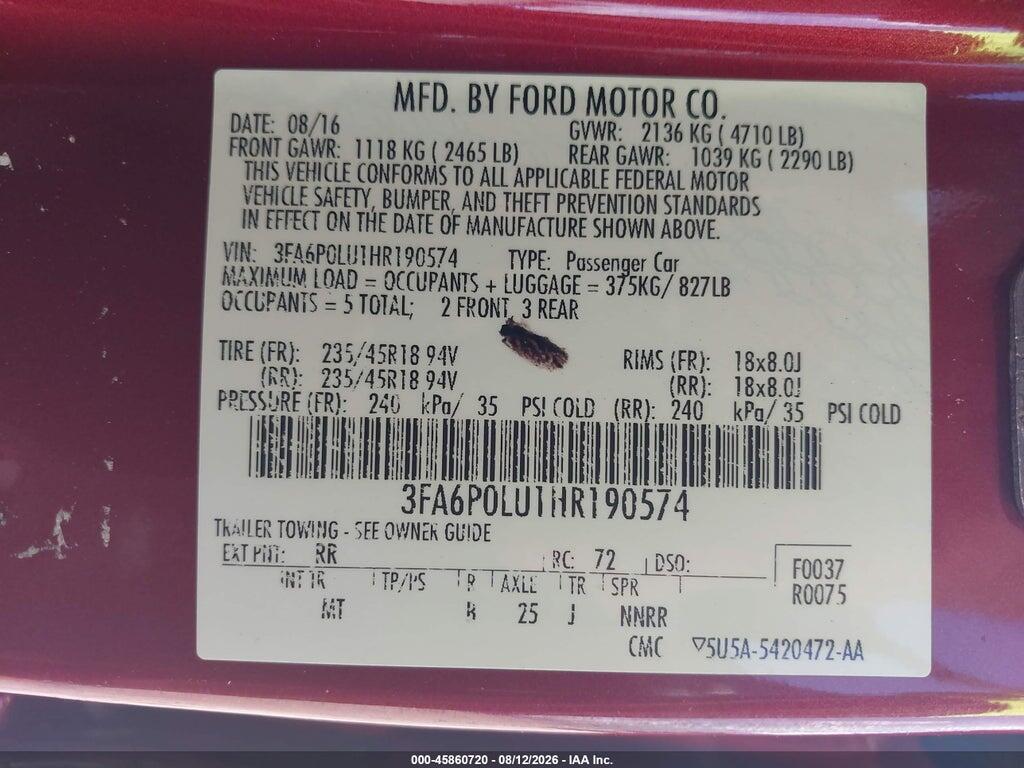 3FA6P0LU1HR190574 2017 FORD FUSION HYBRID photo no. 9