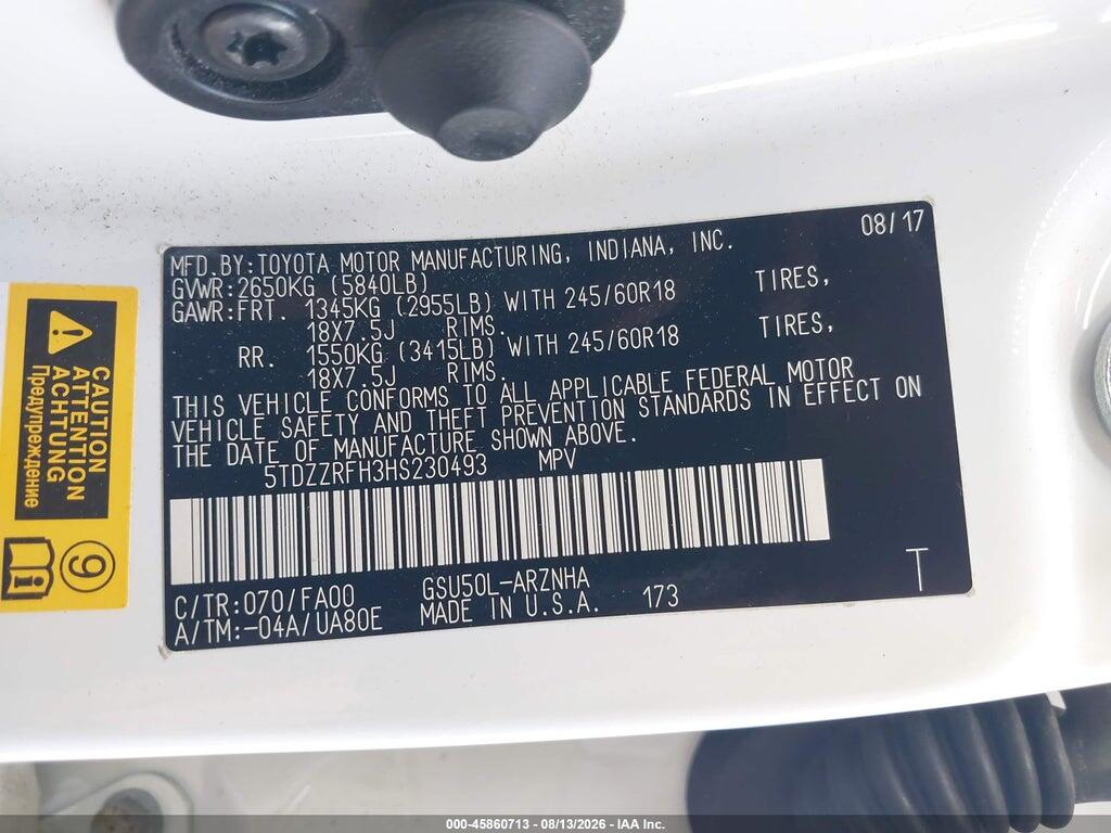 5TDZZRFH3HS230493 2017 TOYOTA HIGHLANDER photo no. 9