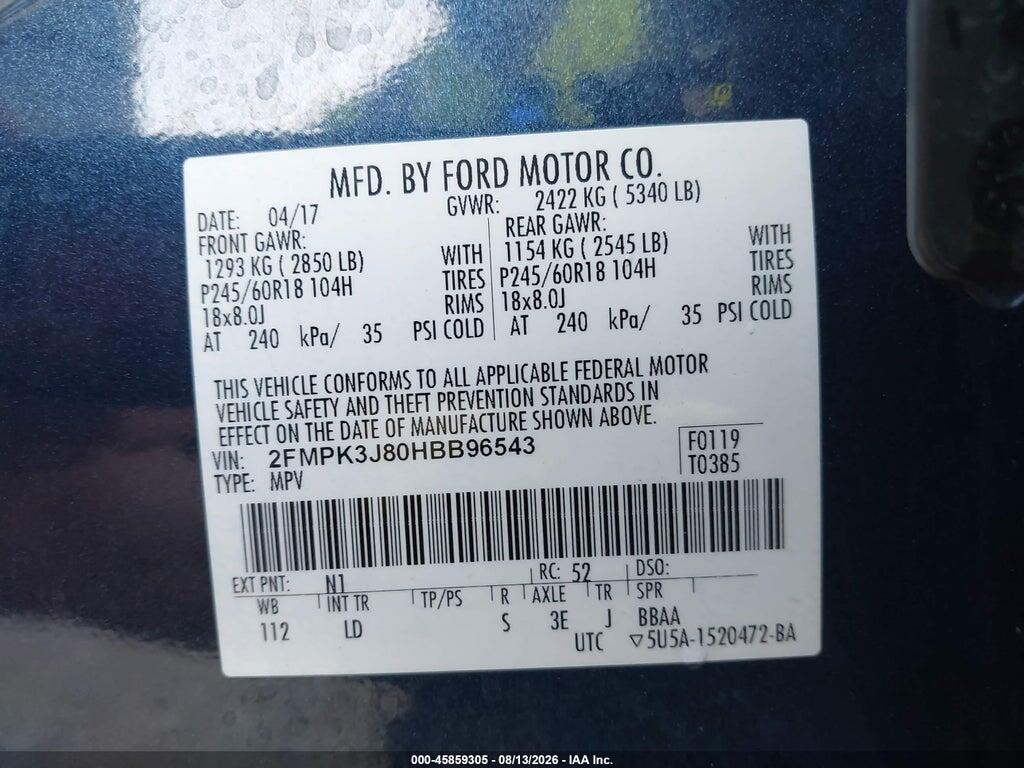 2FMPK3J80HBB96543 2017 FORD EDGE photo no. 9