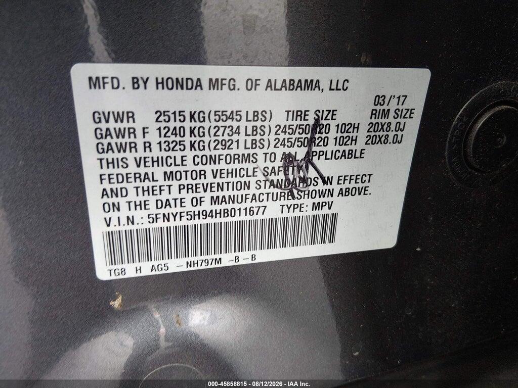 5FNYF5H94HB011677 2017 HONDA PILOT photo no. 9