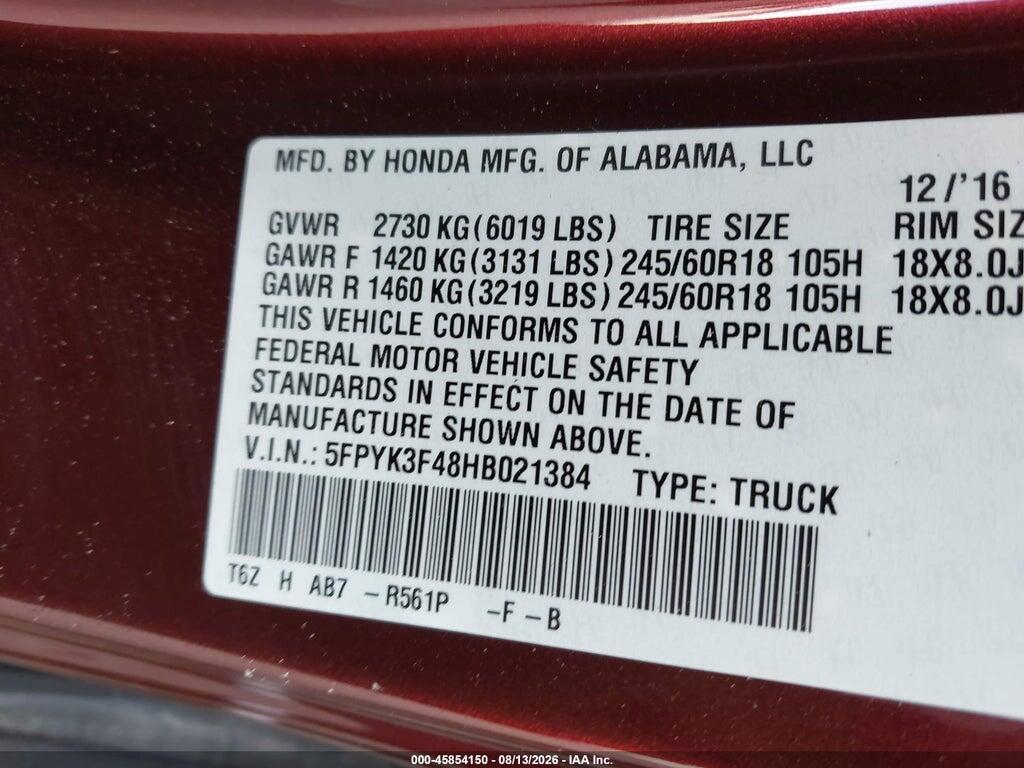 5FPYK3F48HB021384 2017 HONDA RIDGELINE photo no. 9