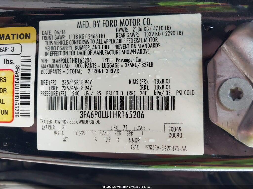 3FA6P0LU1HR165206 2017 FORD FUSION HYBRID photo no. 9