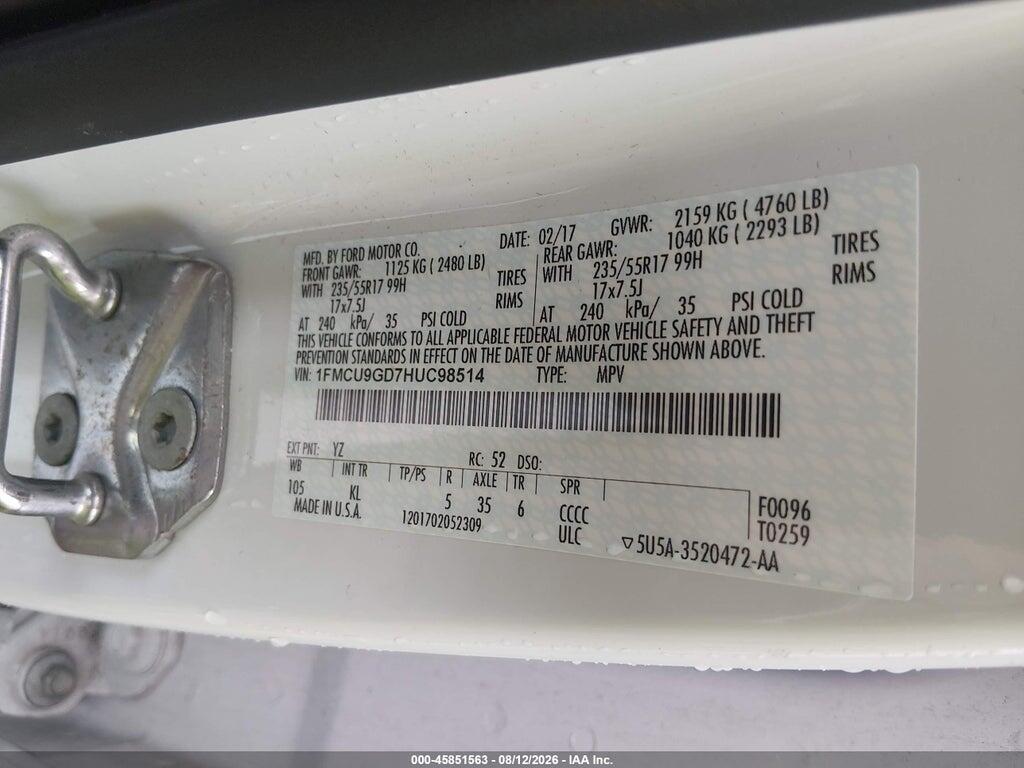 1FMCU9GD7HUC98514 2017 FORD ESCAPE photo no. 9