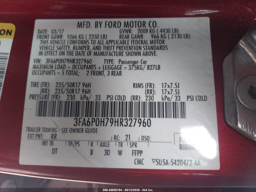 3FA6P0H79HR327960 2017 FORD FUSION photo no. 9