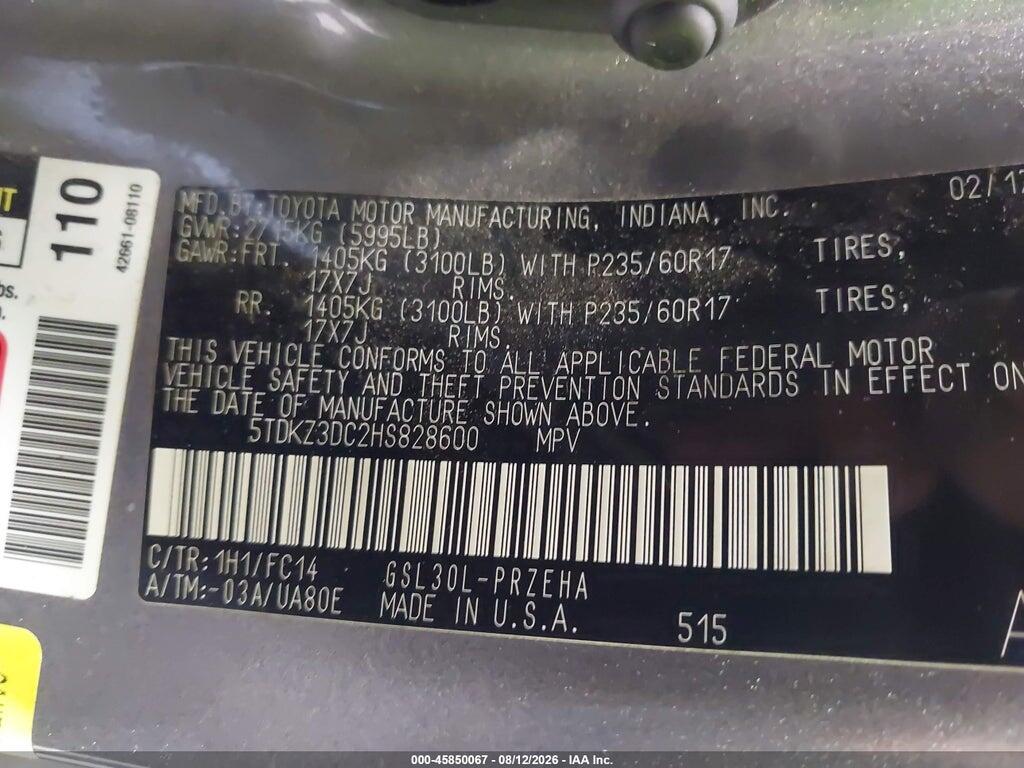5TDKZ3DC2HS828600 2017 TOYOTA SIENNA photo no. 9