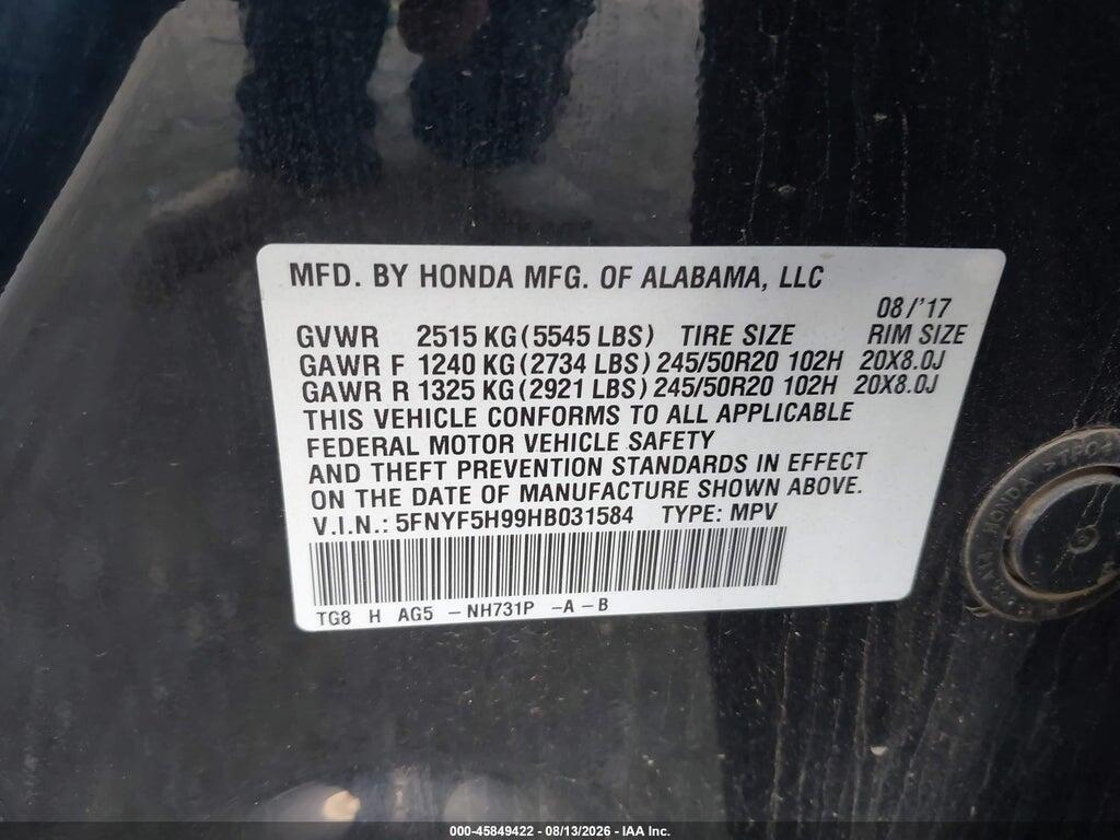 5FNYF5H99HB031584 2017 HONDA PILOT photo no. 9