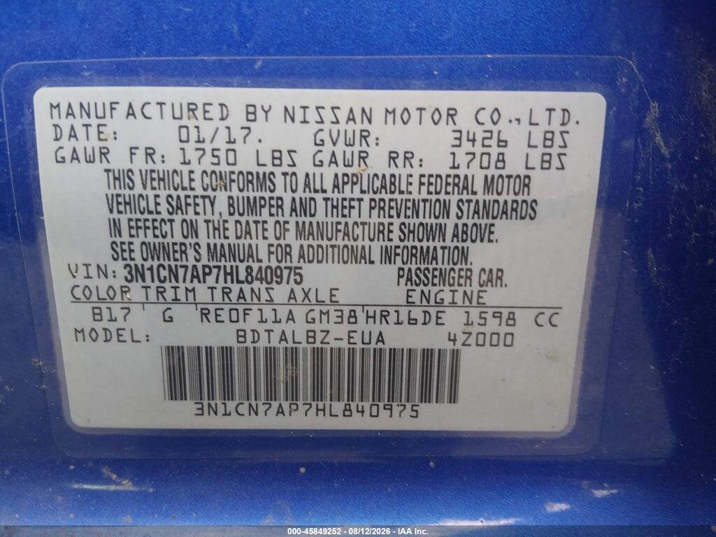 3N1CN7AP7HL840975 2017 NISSAN VERSA photo no. 9