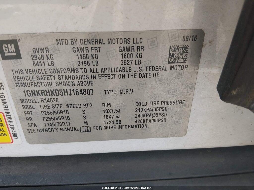 1GNKRHKD5HJ164807 2017 CHEVROLET TRAVERSE photo no. 9
