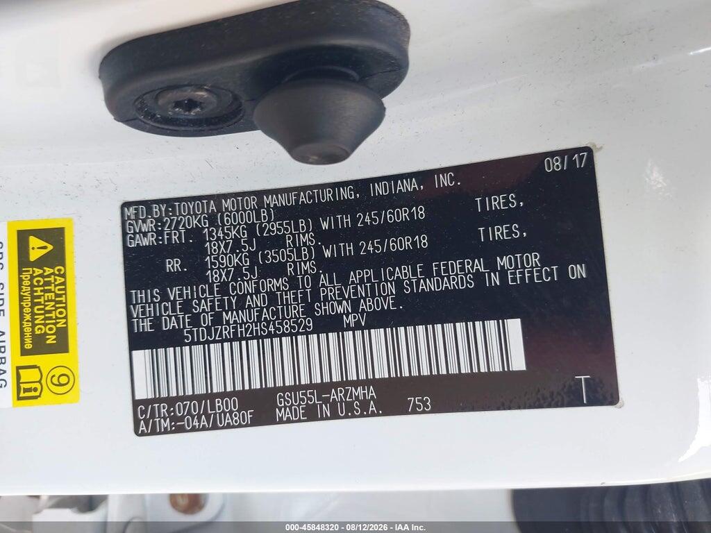 5TDJZRFH2HS458529 2017 TOYOTA HIGHLANDER photo no. 9