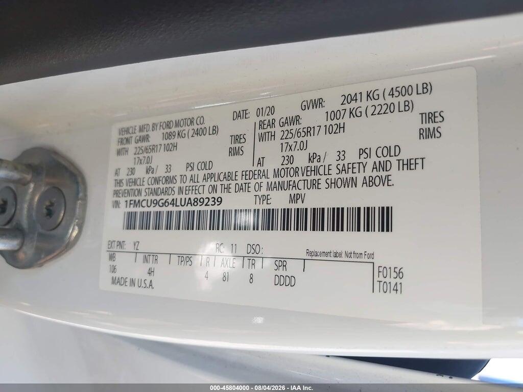 1FMCU9G64LUA89239 2020 FORD ESCAPE photo no. 9