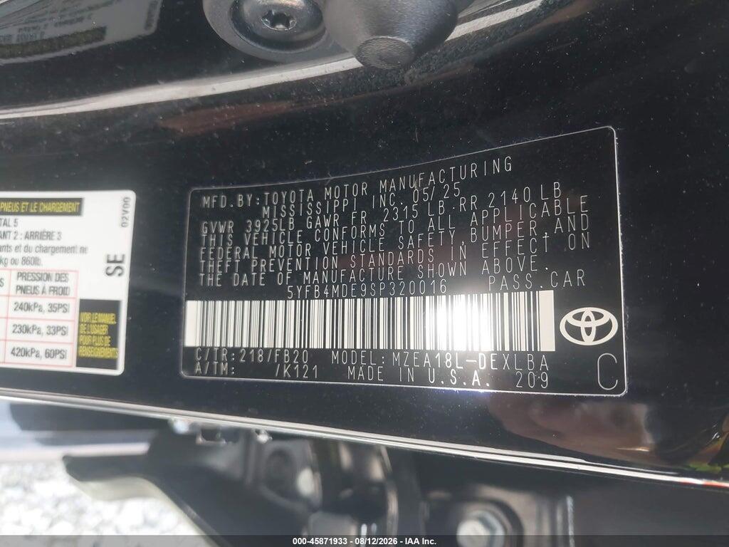 5YFB4MDE9SP320016 2025 TOYOTA COROLLA photo no. 9