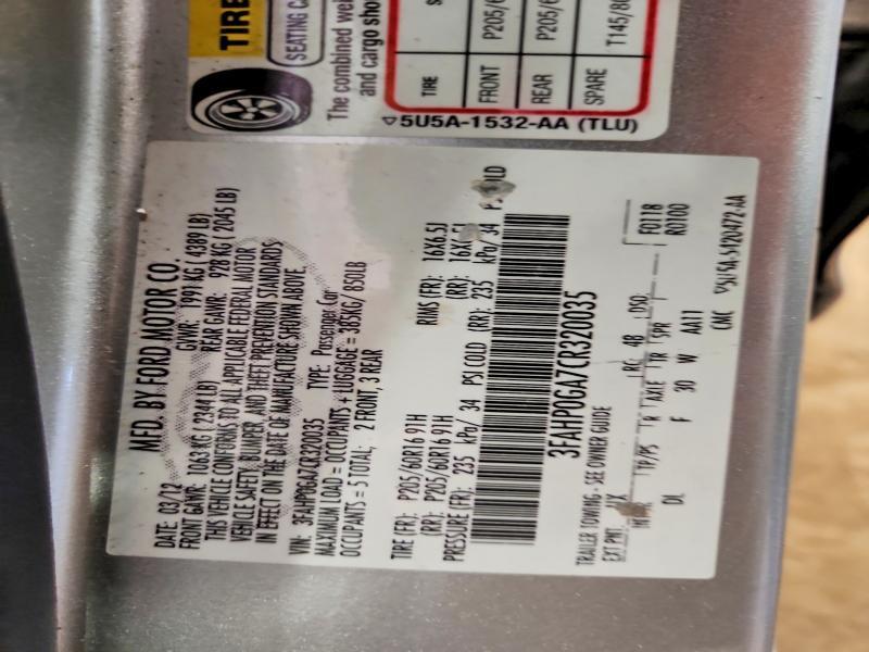 3FAHP0GA7CR320035 2012 FORD FUSION photo no. 12