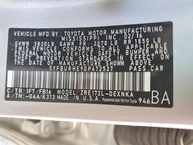 2016 TOYOTA COROLLA LE — Фото 13 из 13