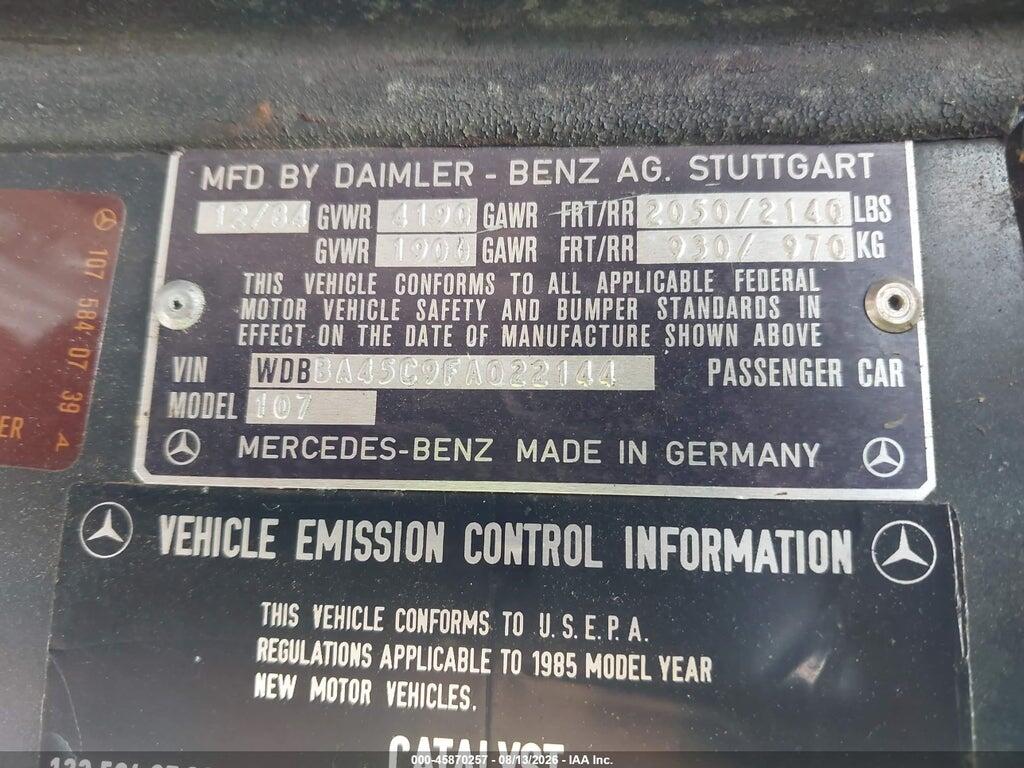 WDBBA45C9FA022144 1985 MERCEDES-BENZ 380 photo no. 9