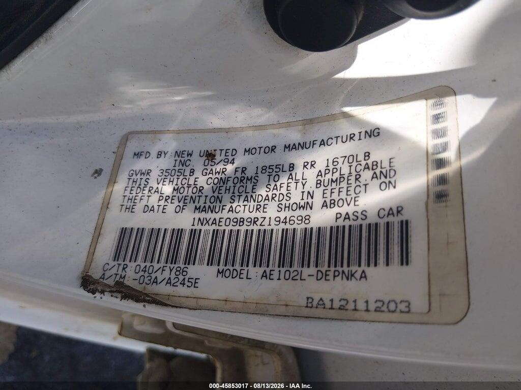 1NXAE09B9RZ194698 1994 TOYOTA COROLLA photo no. 9