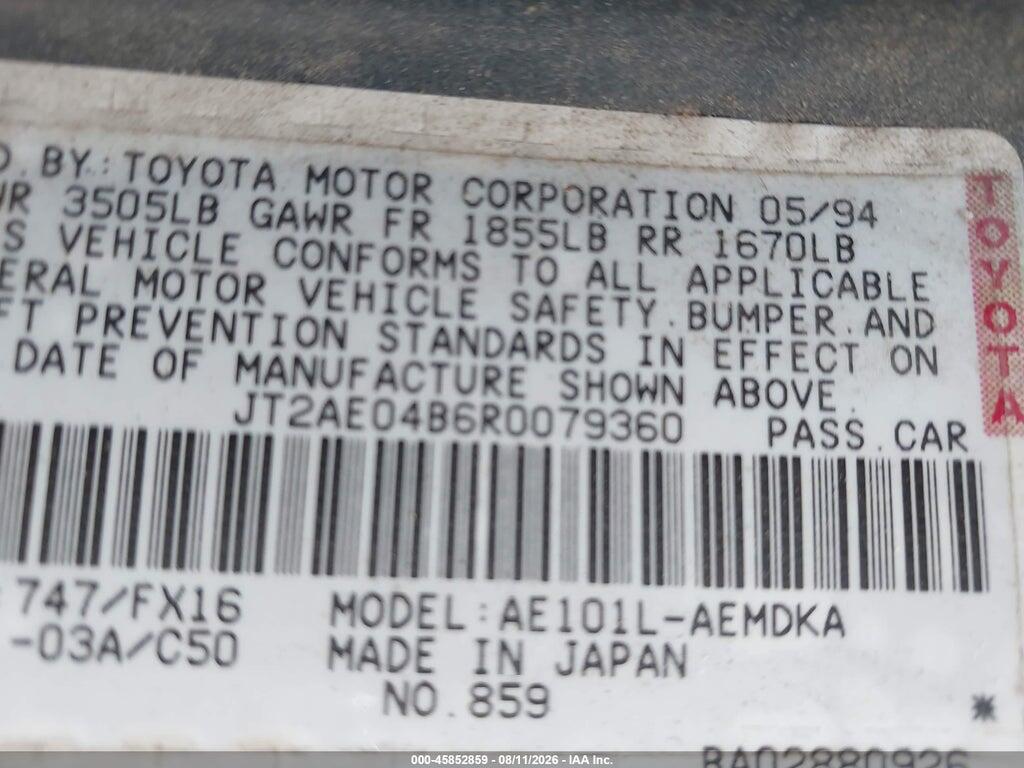 JT2AE04B6R0079360 1994 TOYOTA COROLLA photo no. 9