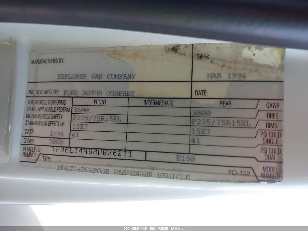 1FDEE14H6RHB26211 1994 FORD ECONOLINE photo no. 9