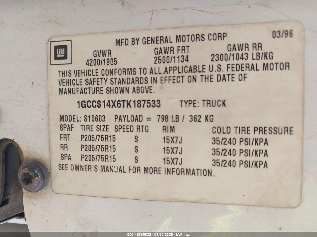 1GCCS14X6TK187533 1996 CHEVROLET S TRUCK photo no. 9