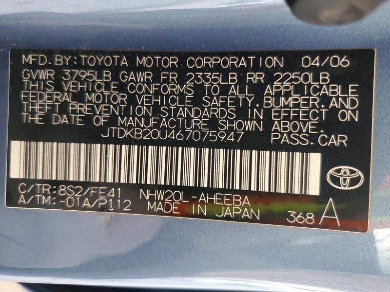 JTDKB20U467075947 2006 TOYOTA PRIUS photo no. 12