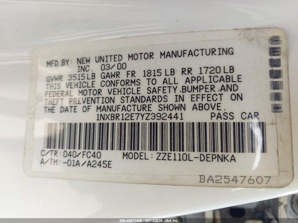 1NXBR12E7YZ392441 2000 TOYOTA COROLLA photo no. 9