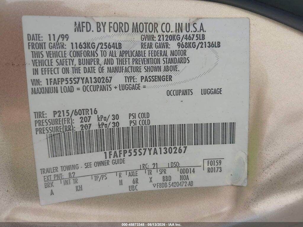 1FAFP55S7YA130267 2000 FORD TAURUS photo no. 9