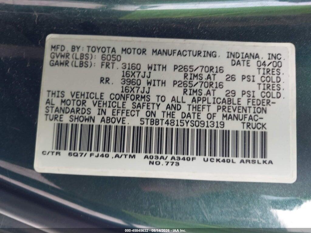 5TBBT4815YS091319 2000 TOYOTA TUNDRA photo no. 9