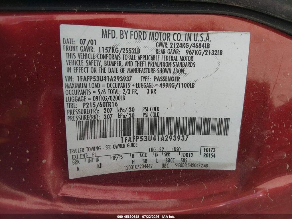 1FAFP53U41A293937 2001 FORD TAURUS photo no. 9