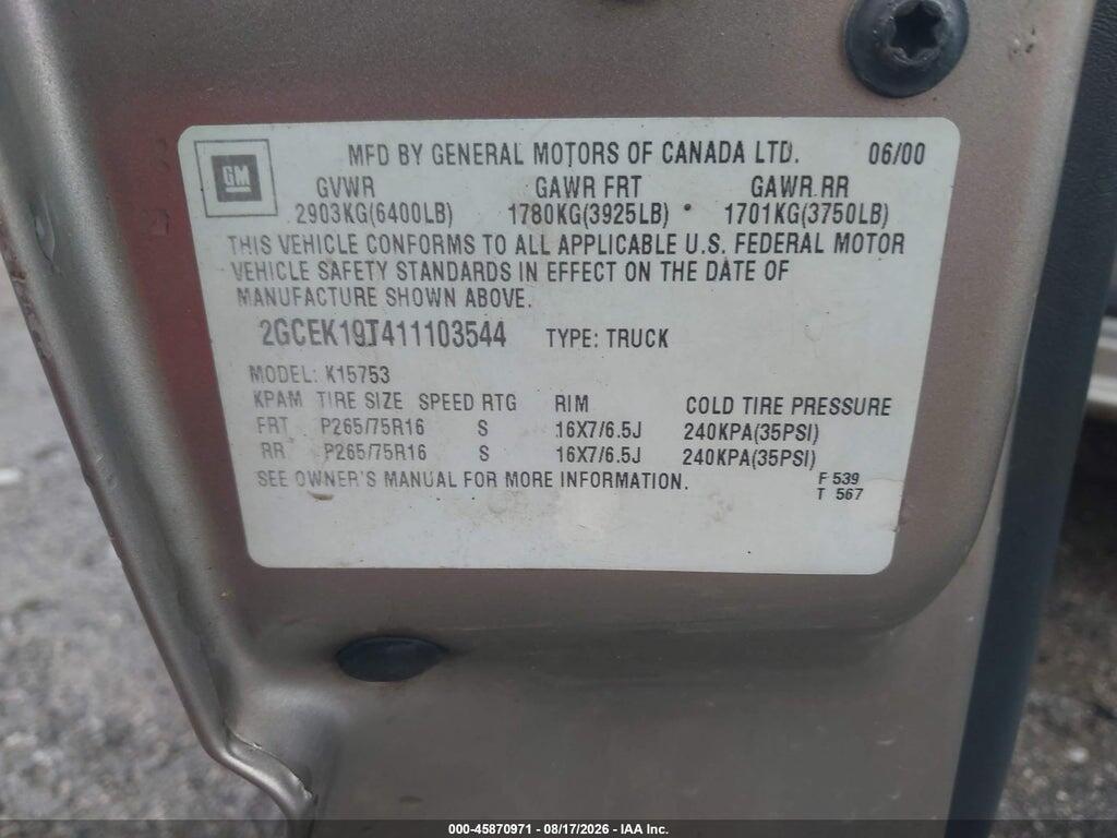 2GCEK19T411103544 2001 CHEVROLET SILVERADO 1500 photo no. 9