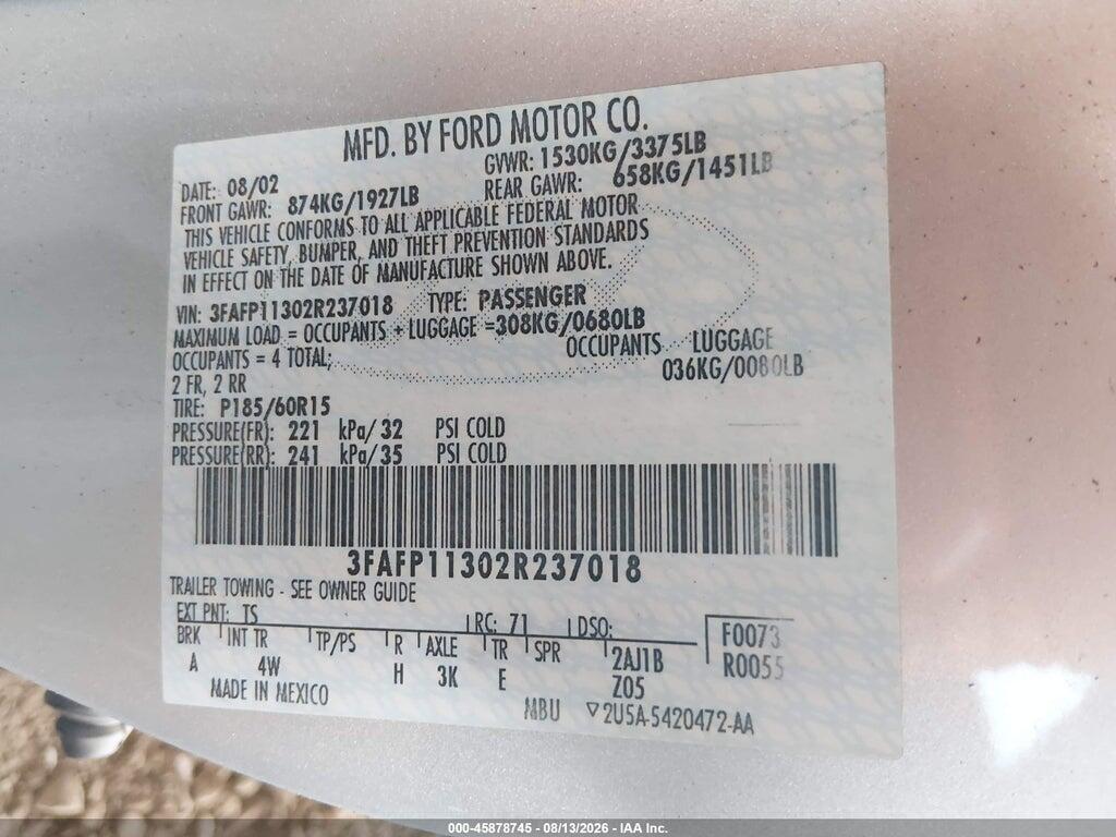 3FAFP11302R237018 2002 FORD ESCORT photo no. 9