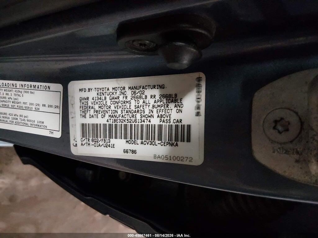 4T1BE32K52U613474 2002 TOYOTA CAMRY photo no. 9