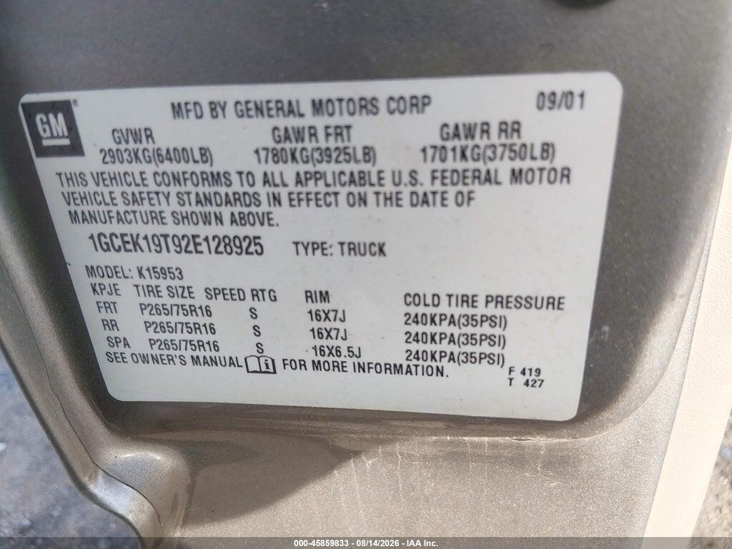 1GCEK19T92E128925 2002 CHEVROLET SILVERADO 1500 photo no. 9