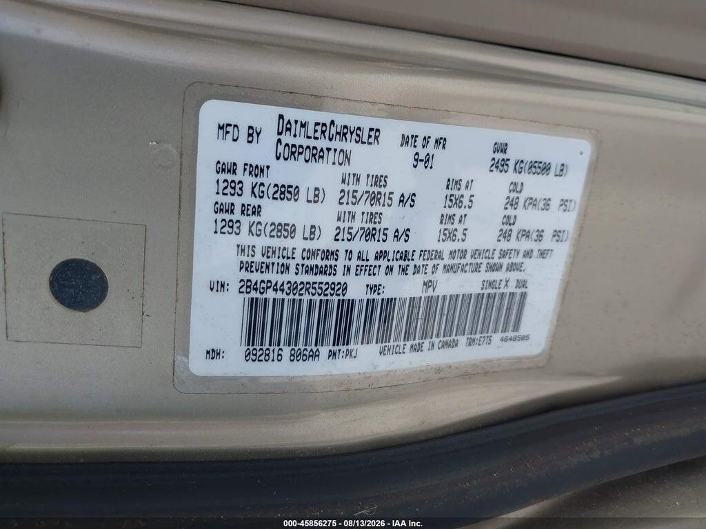 2B4GP44302R552920 2002 DODGE GRAND CARAVAN photo no. 9