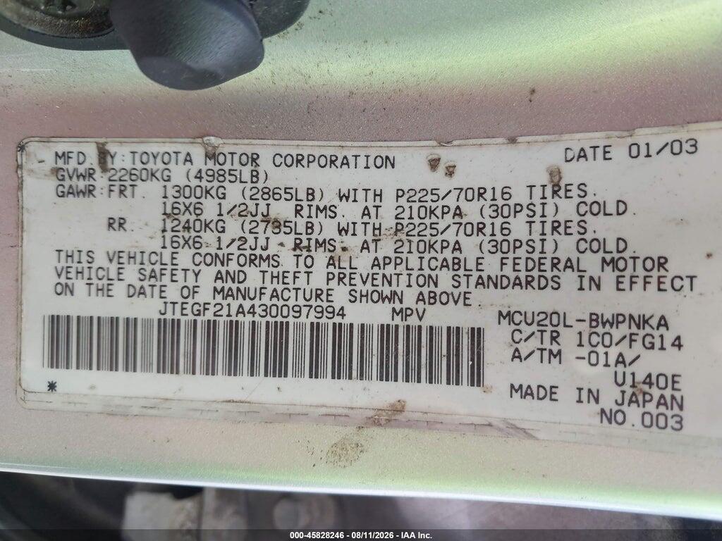 JTEGF21A430097994 2003 TOYOTA HIGHLANDER photo no. 9