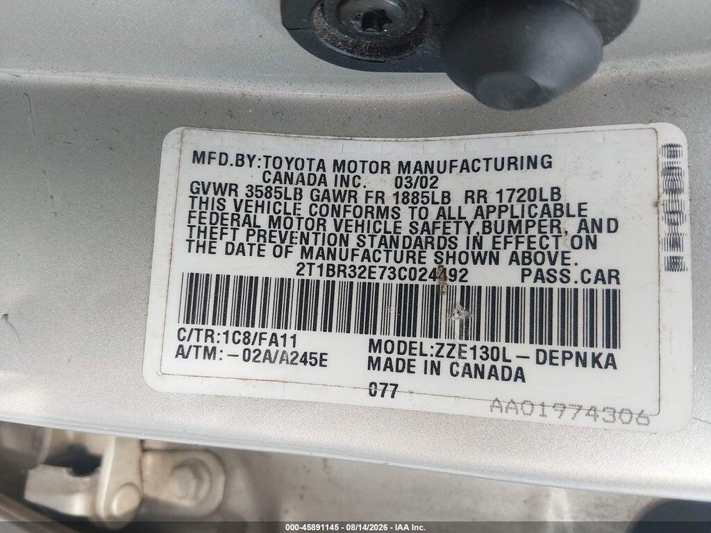 2T1BR32E73C024492 2003 TOYOTA COROLLA photo no. 9