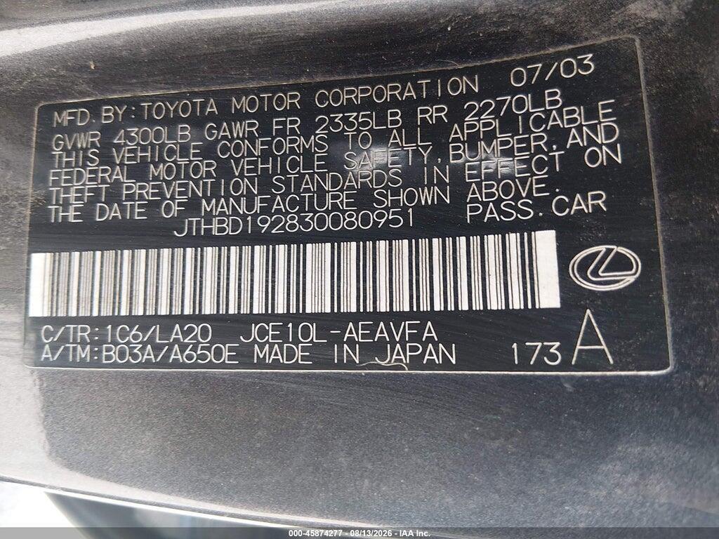 JTHBD192830080951 2003 LEXUS IS 300 photo no. 9