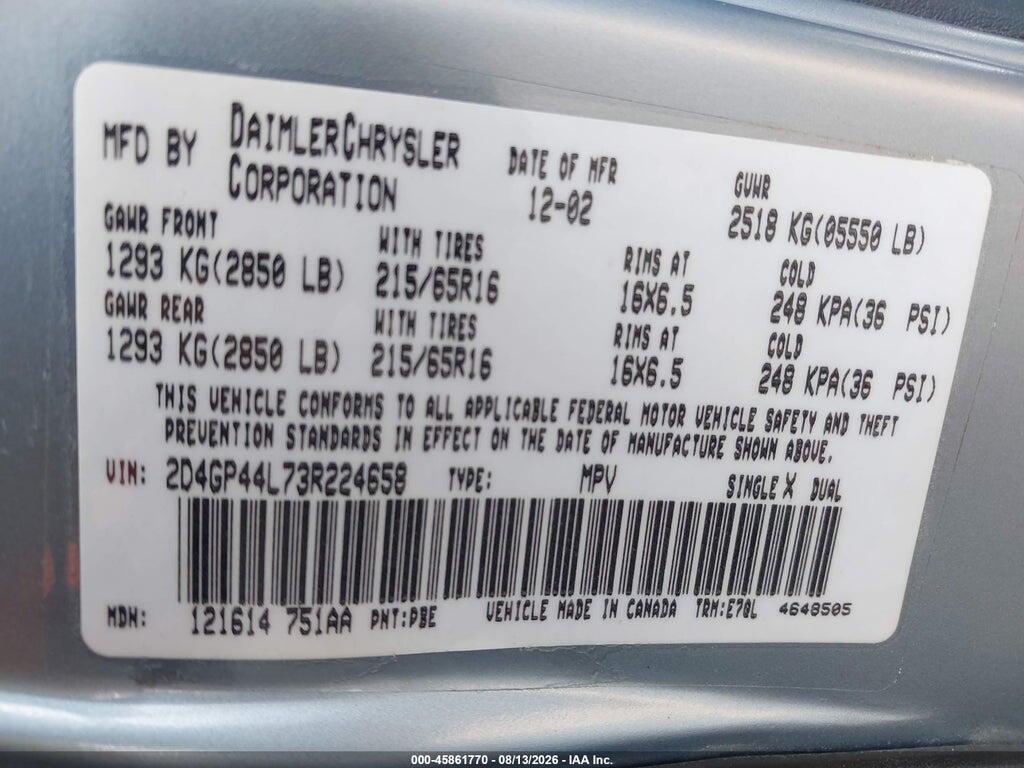 2D4GP44L73R224658 2003 DODGE GRAND CARAVAN photo no. 9