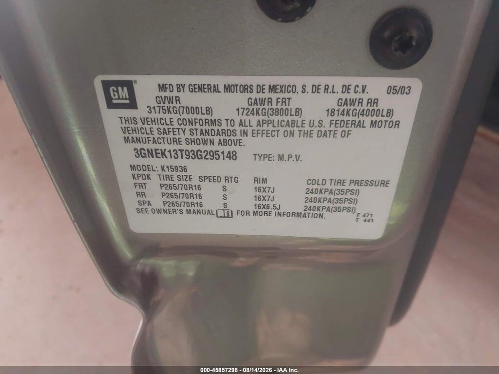 3GNEK13T93G295148 2003 CHEVROLET AVALANCHE 1500 photo no. 9