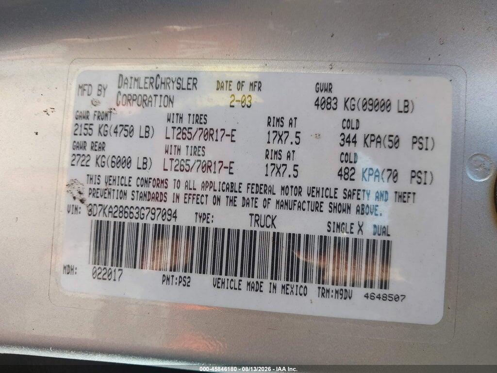 3D7KA28663G797094 2003 DODGE RAM 2500 photo no. 9