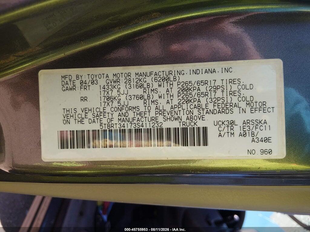 5TBRT34173S411232 2003 TOYOTA TUNDRA photo no. 9