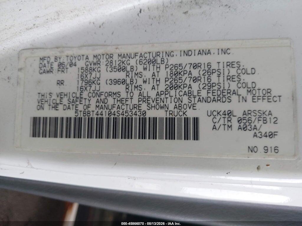 5TBBT44104S453430 2004 TOYOTA TUNDRA photo no. 9