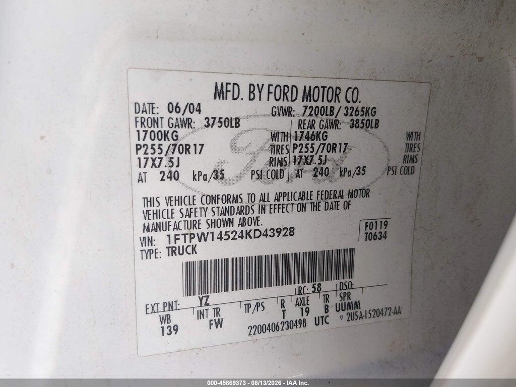 1FTPW14524KD43928 2004 FORD F-150 photo no. 9