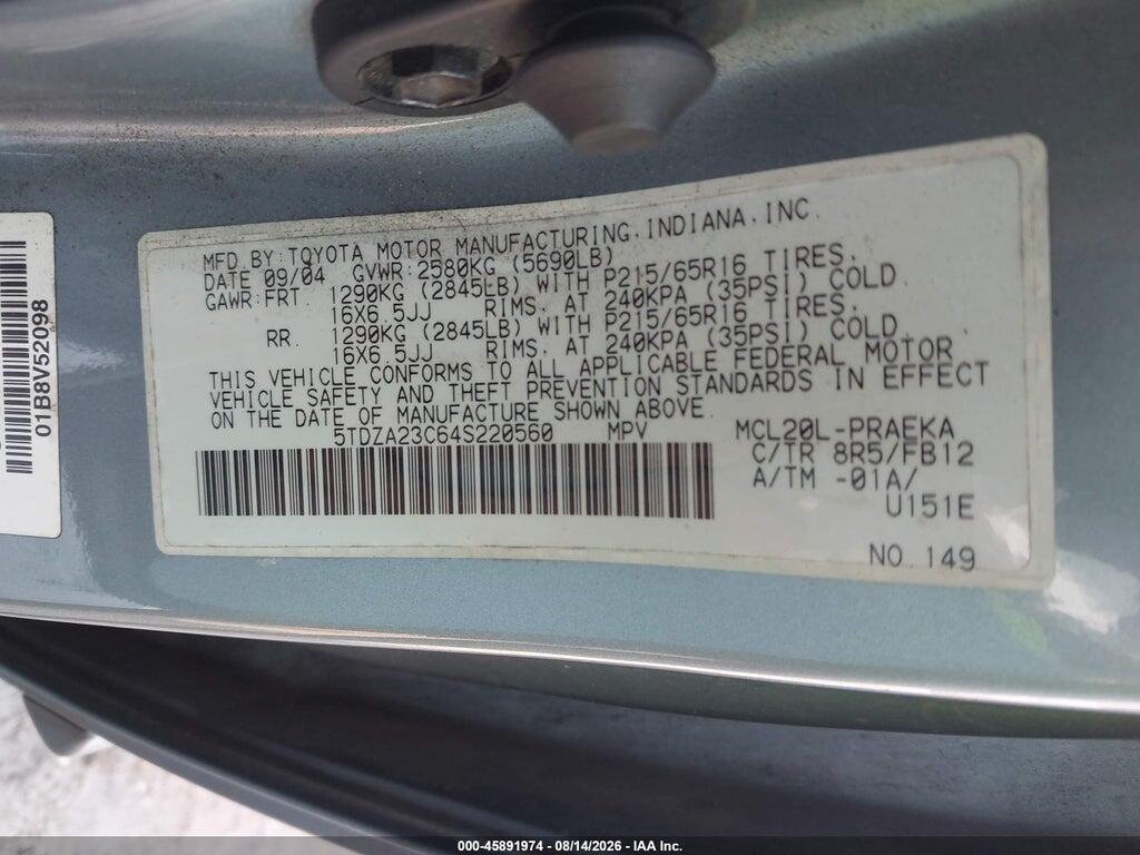 5TDZA23C64S220560 2004 TOYOTA SIENNA photo no. 9