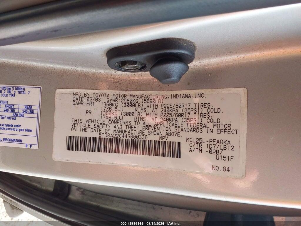 5TDBA22C44S000336 2004 TOYOTA SIENNA photo no. 9