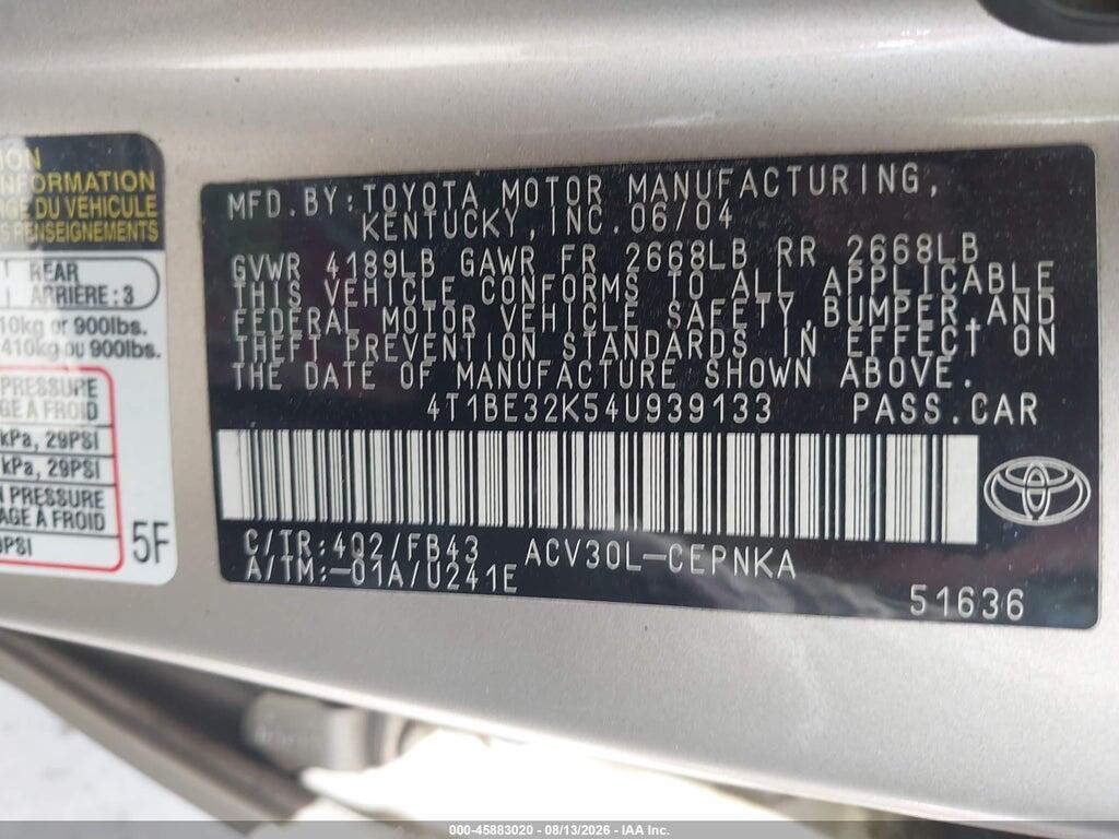 4T1BE32K54U939133 2004 TOYOTA CAMRY photo no. 9