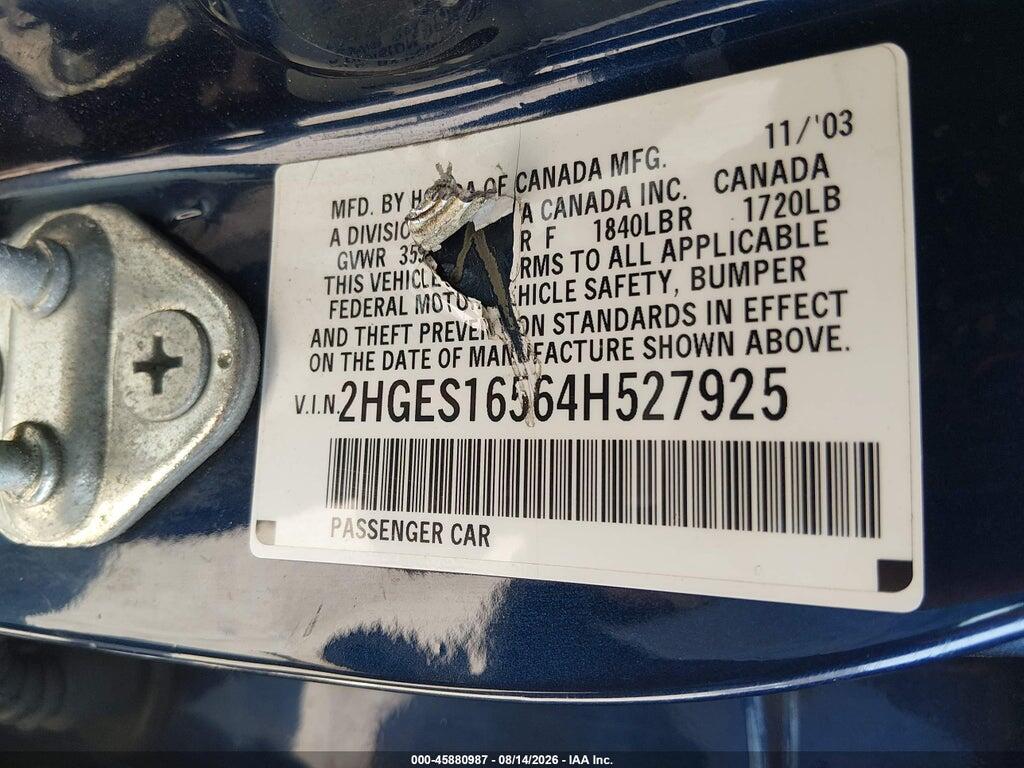 2HGES16564H527925 2004 HONDA CIVIC photo no. 9