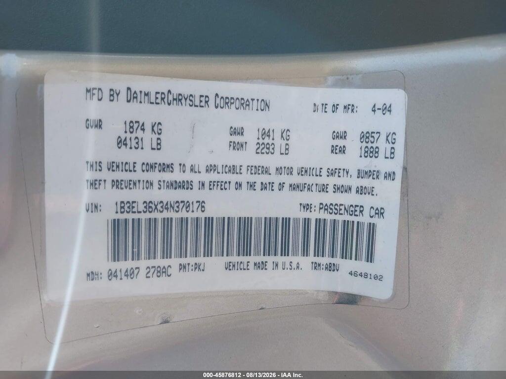 1B3EL36X34N370176 2004 DODGE STRATUS photo no. 9