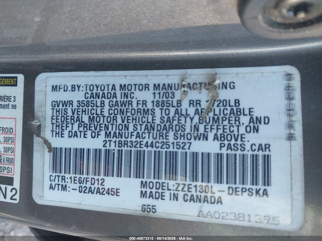 2T1BR32E44C251527 2004 TOYOTA COROLLA photo no. 9