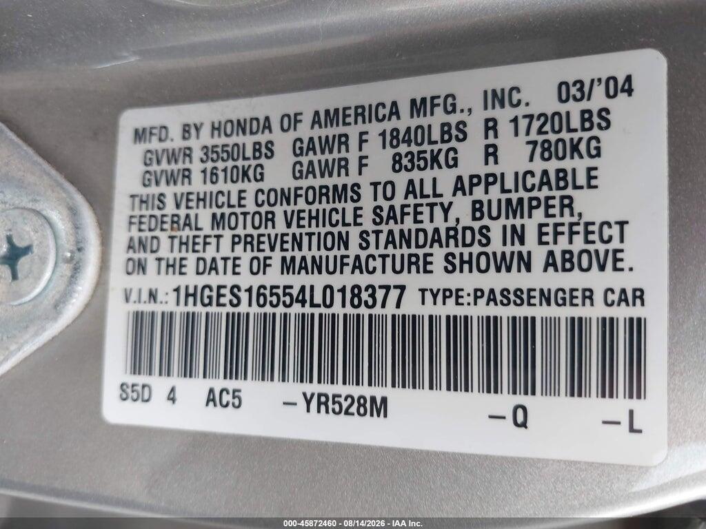 1HGES16554L018377 2004 HONDA CIVIC photo no. 9