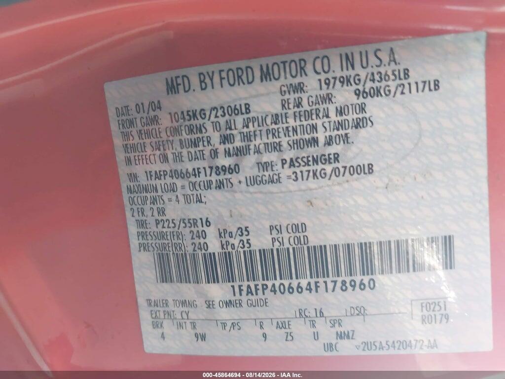 1FAFP40664F178960 2004 FORD MUSTANG photo no. 9