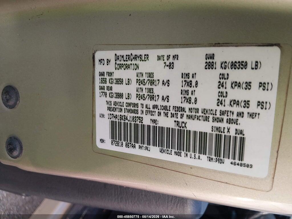 1D7HA16K64J103752 2004 DODGE RAM 1500 photo no. 9